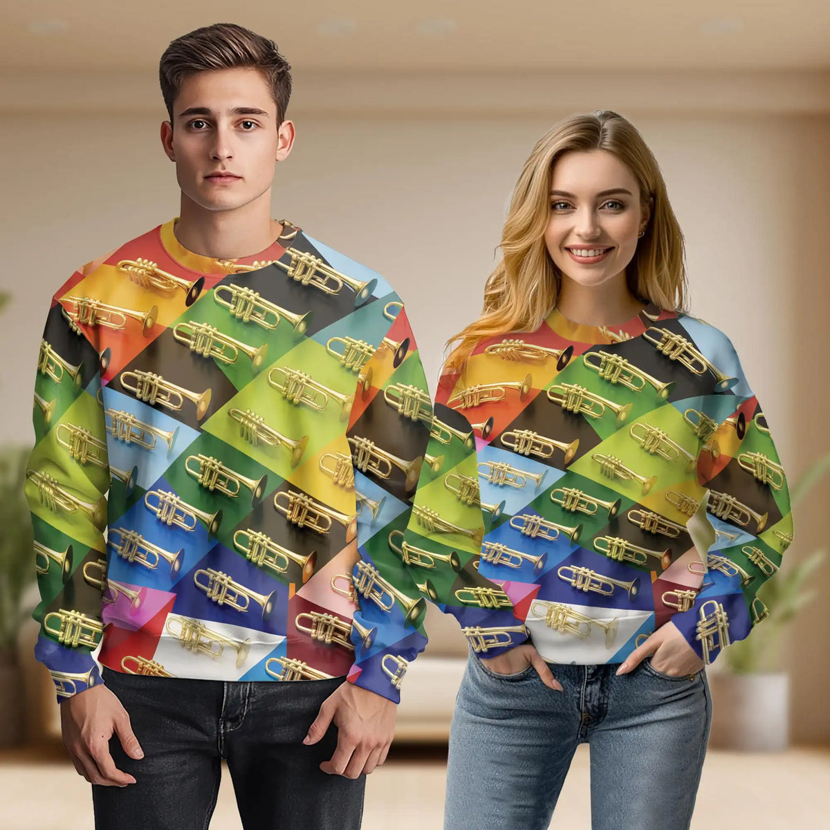 Colorful Geometric Trumpet Sweatshirt – Colorful Graphic 3D All Over Print Design