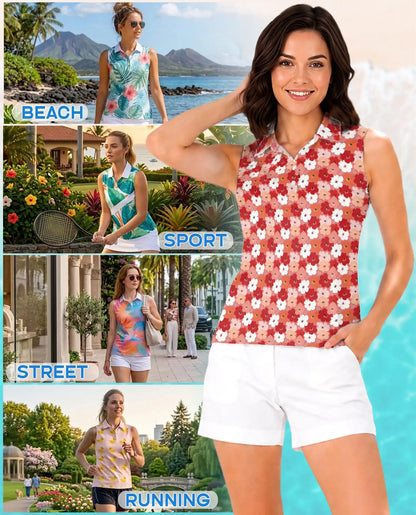 Ditsy Floral Print Sleeveless Polo Shirt for Women  | Azhawaiian