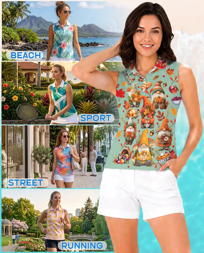 Autumn Harvest Gnomes Sleeveless Polo Shirt for Women | Azhawaiian