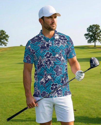 Western Rodeo Hibiscus Polo Shirt for Men- Cowboy Bull Riding | Azhawaiian