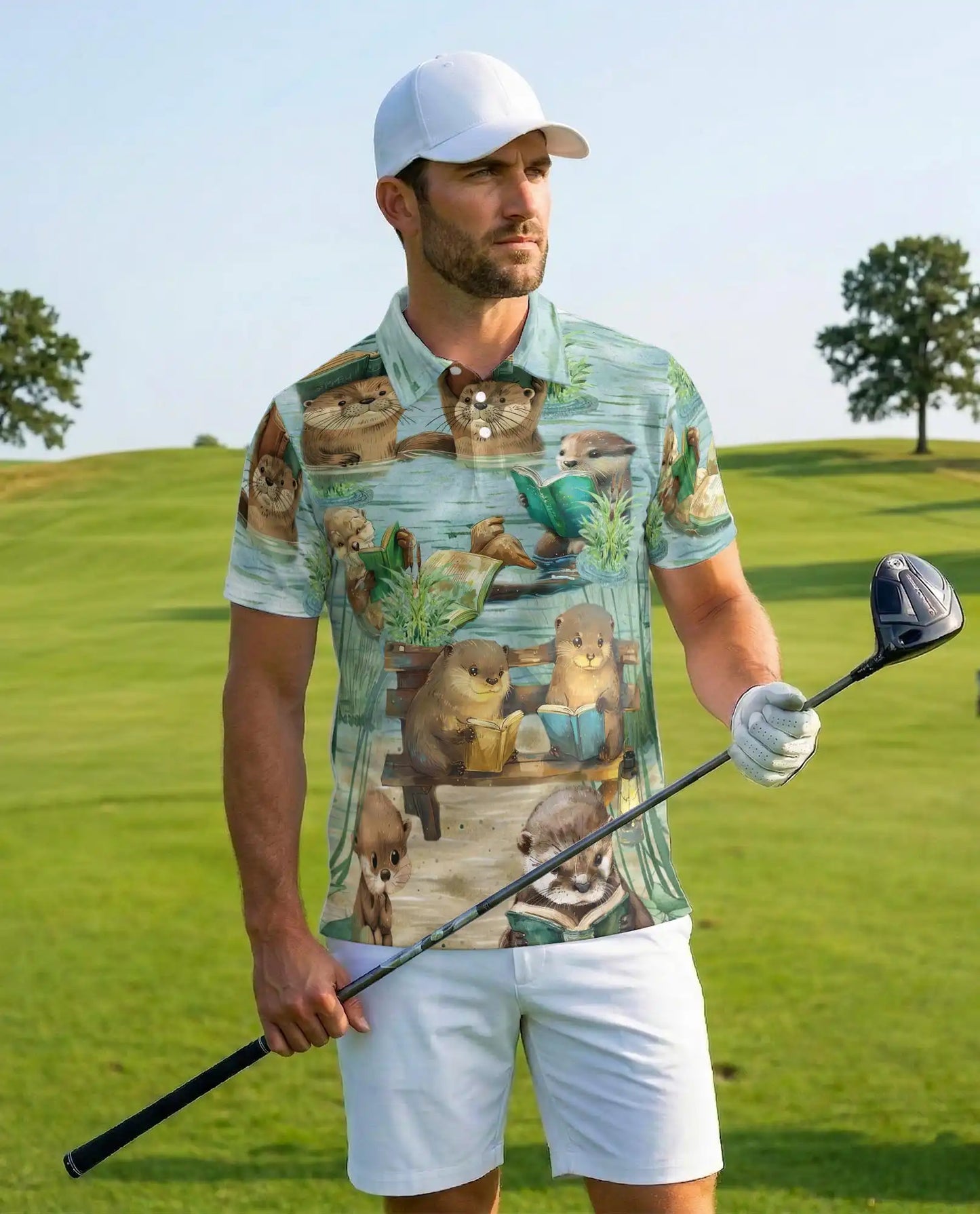Cute Otter Reading Polo Shirt - Cozy Book Lover Animal Style | Azhawaiian