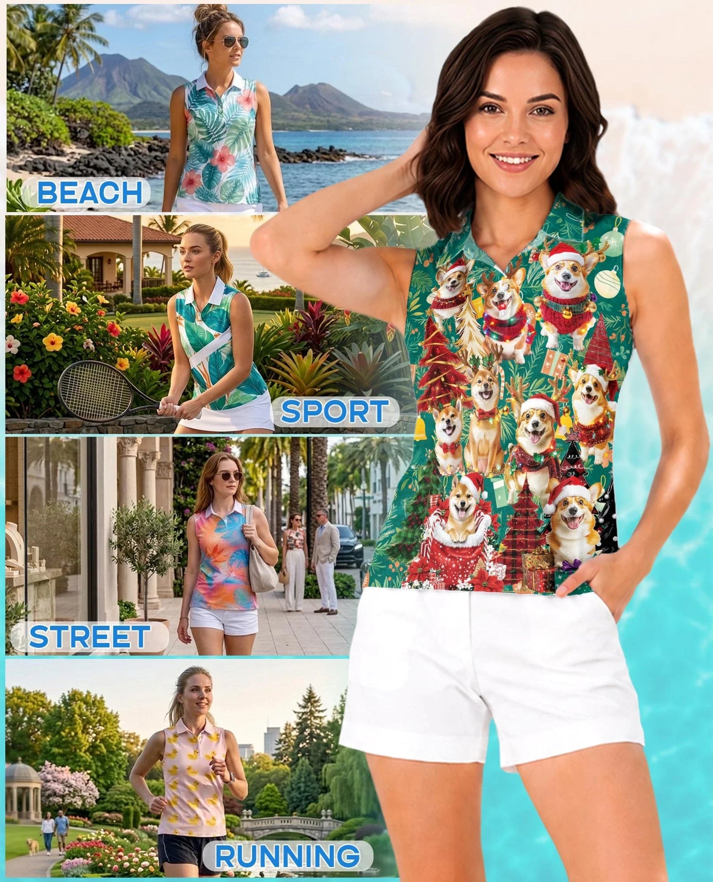 Christmas Corgi Sleeveless Polo Shirt for Women, Cute Dog Holiday Style | Azhawaiian