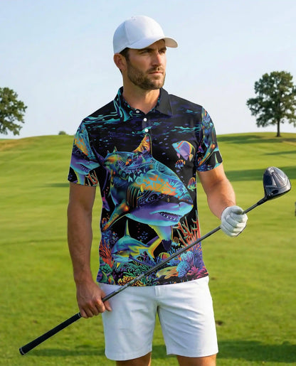 Tropical Sharks Polo Shirt for Men, Colorful Ocean Fish Design | Azhawaiian