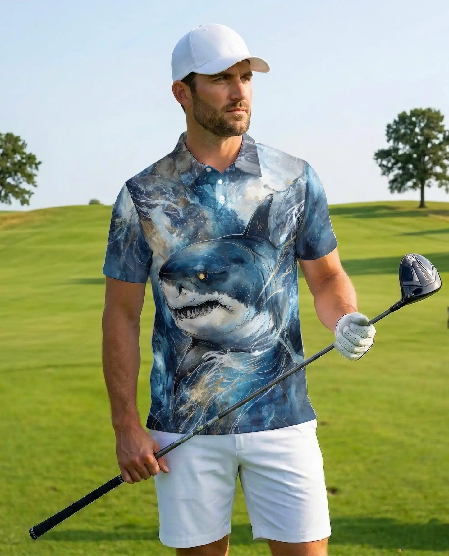 Shark Ocean Adventure Polo Shirt for Men, Dynamic Marine Design | Azhawaiian