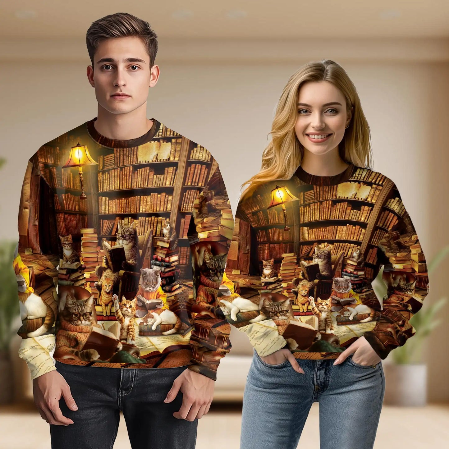 Library Cats Reading Books Sweatshirt – Colorful Graphic 3D All Over Print Design