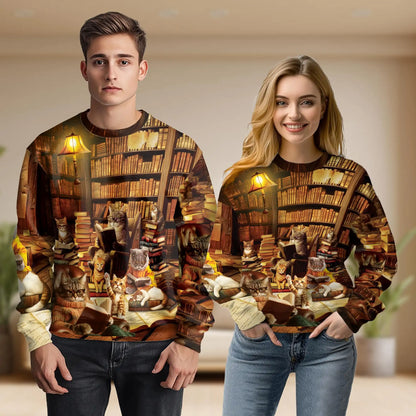 Library Cats Reading Books Sweatshirt – Colorful Graphic 3D All Over Print Design