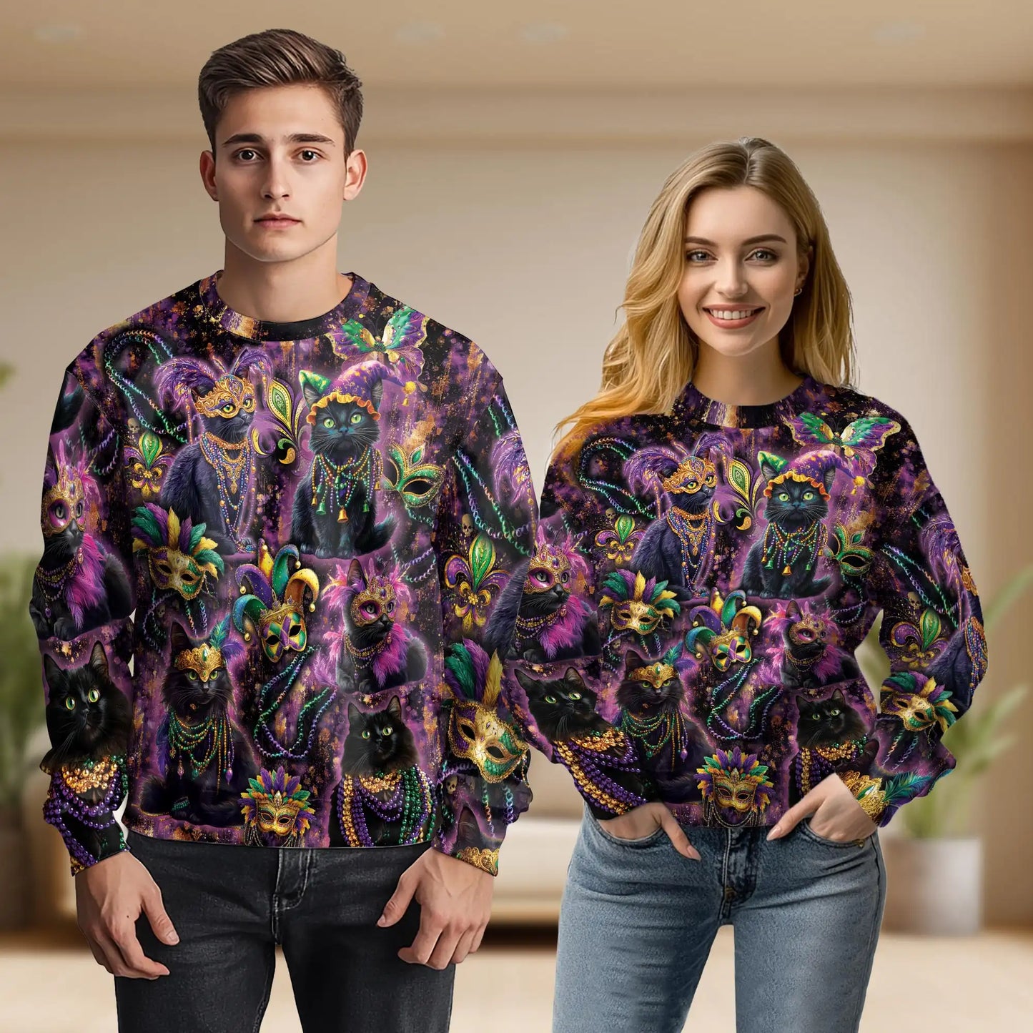 Mardi Gras Cat Sweatshirt – Colorful Graphic 3D All Over Print Design