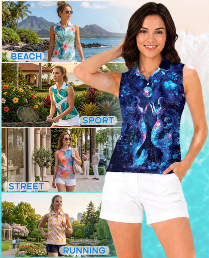 Black Floral Mermaid Sleeveless Polo Shirt for Women | Azhawaiian