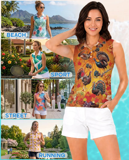 Turkey Thanksgiving Edition Sleeveless Polo Shirt for Women | Azhawaiian