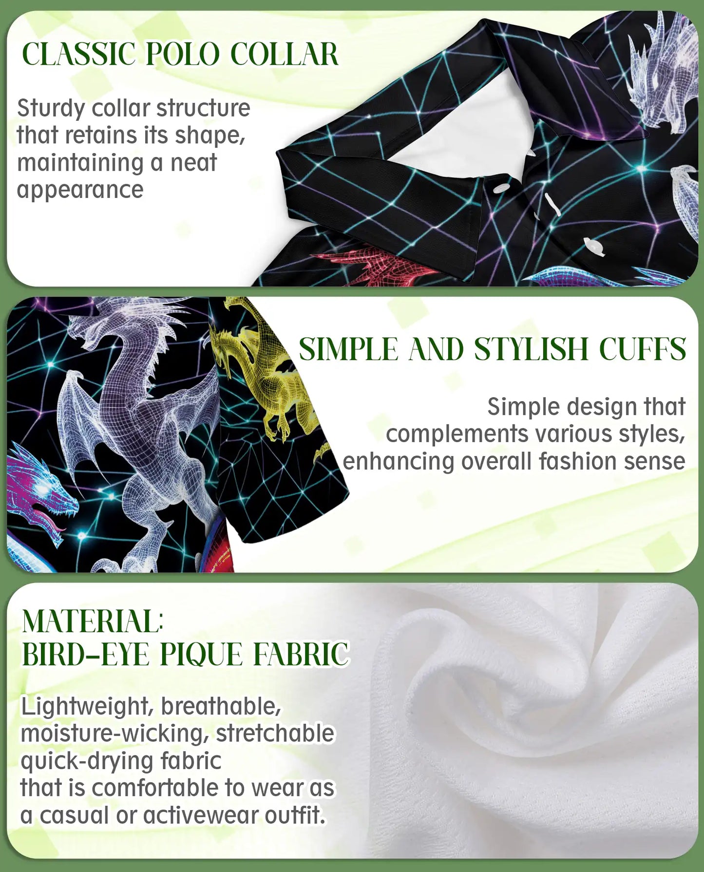 Neon Cyber Dragon 3D Polo Shirt for Men, Futuristic Fantasy Creature Style | Azhawaiian