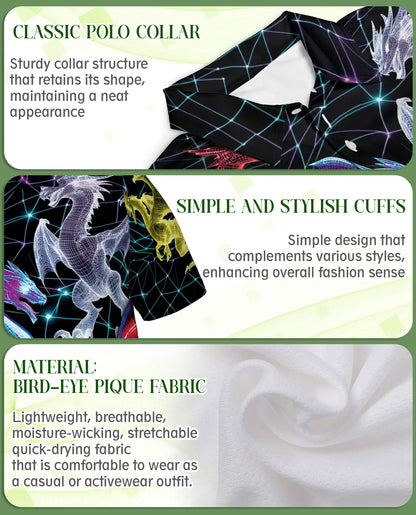 Neon Cyber Dragon 3D Polo Shirt for Men, Futuristic Fantasy Creature Style | Azhawaiian