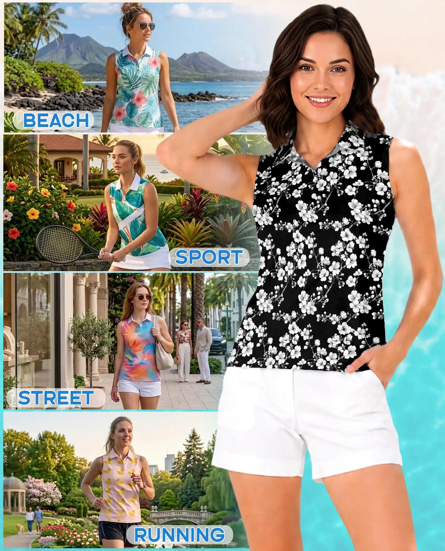 Monochrome Floral Sleeveless Polo Shirt for Women | Azhawaiian