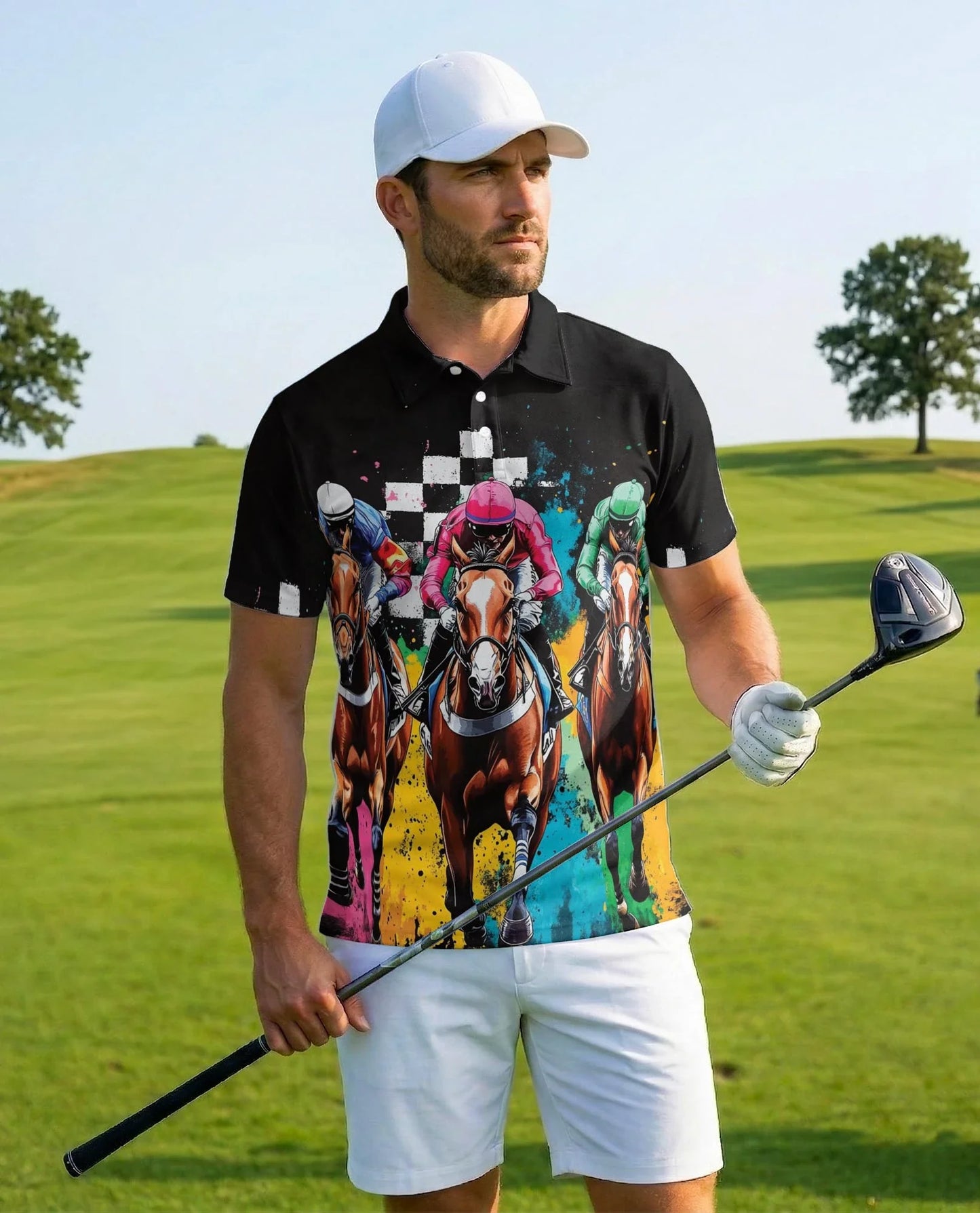 Artistic Colorful Horse Racing Polo Shirt for Men, Equestrian Art Style | Azhawaiian