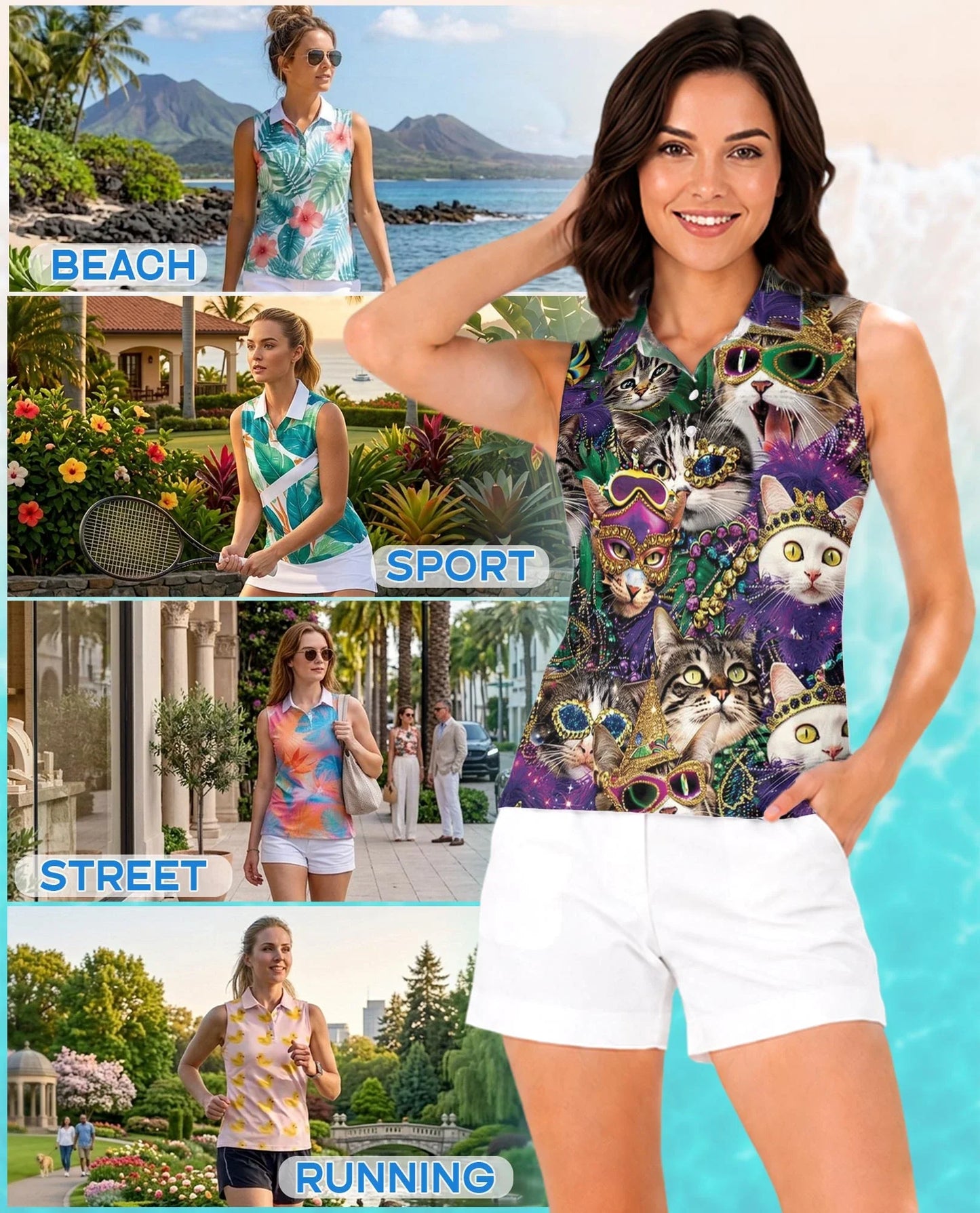Cats Mardi Gras Carnival Sleeveless Polo Shirt for Women