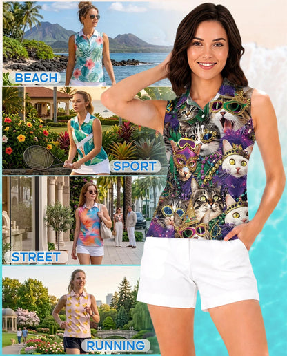 Cats Mardi Gras Carnival Sleeveless Polo Shirt for Women