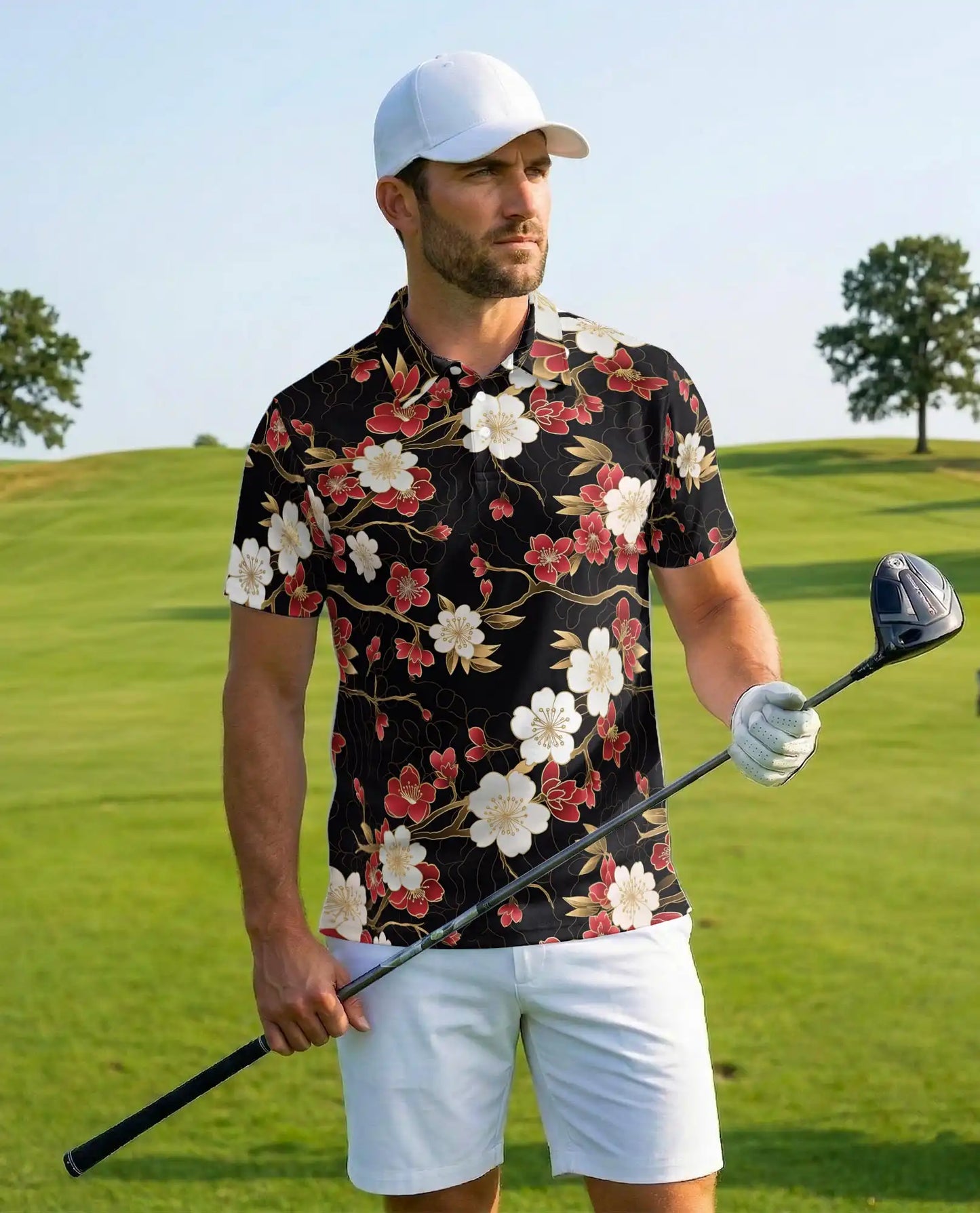 Red Blossom Polo Shirt for Men, Elegant Floral Style | Azhawaiian
