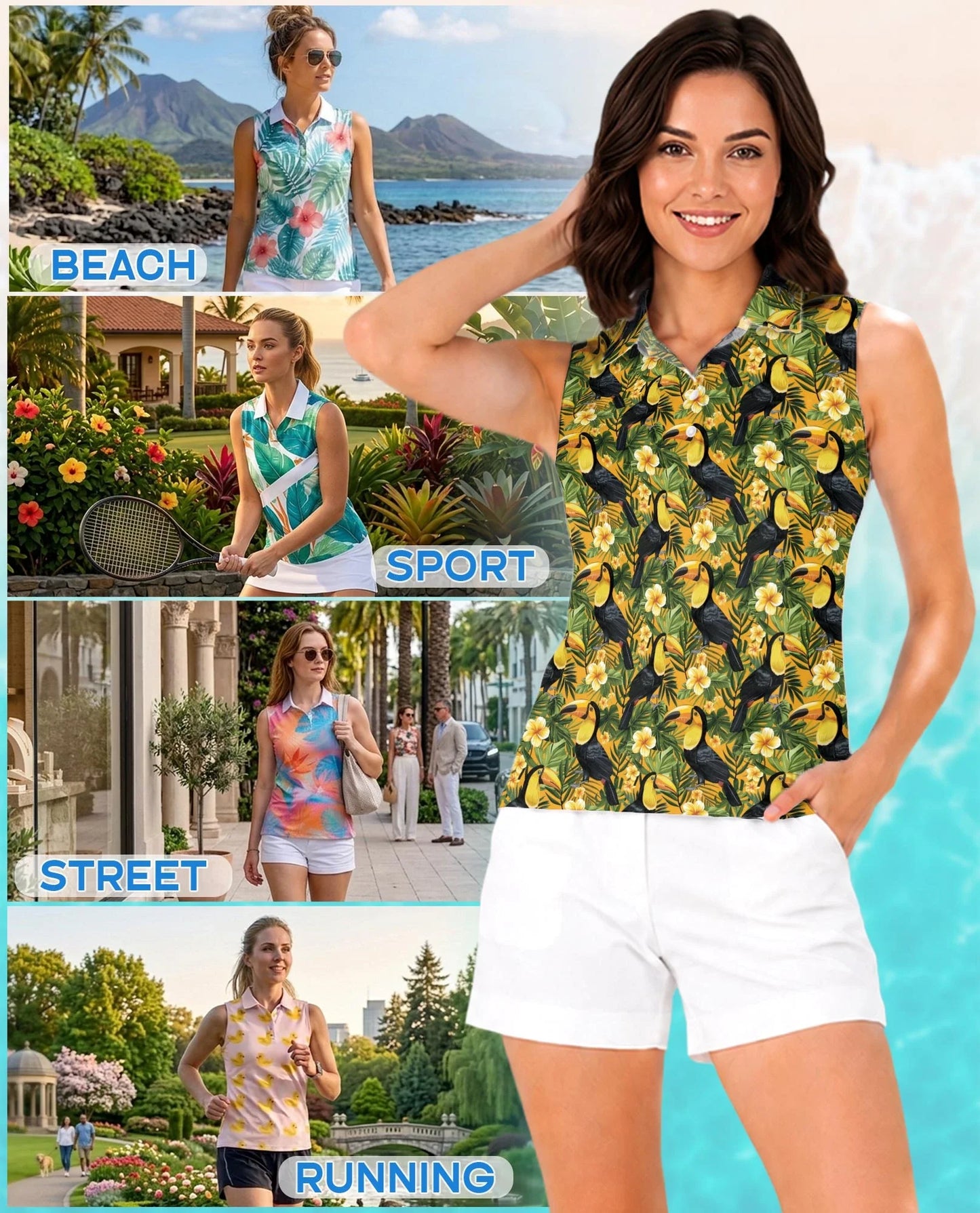 Toucan Tropical Floral Sleeveless Polo Shirt for Women, Exotic Bird Summer Style | Azhawaiian
