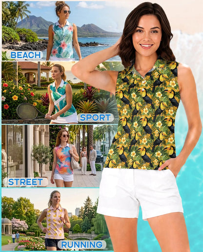 Toucan Tropical Floral Sleeveless Polo Shirt for Women, Exotic Bird Summer Style | Azhawaiian