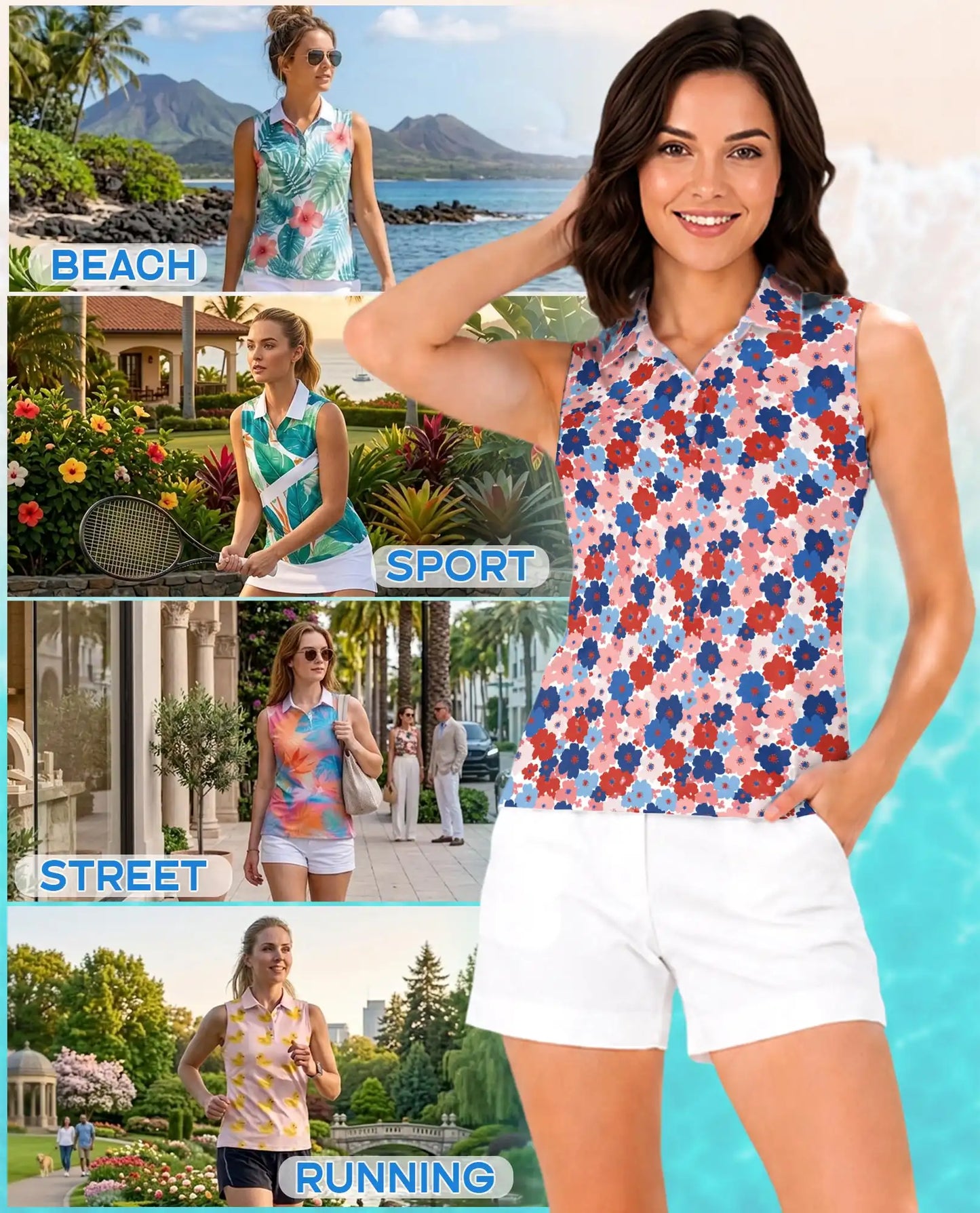 Red And Blue Floral Sleeveless Polo Shirt for Women | Azhawaiian