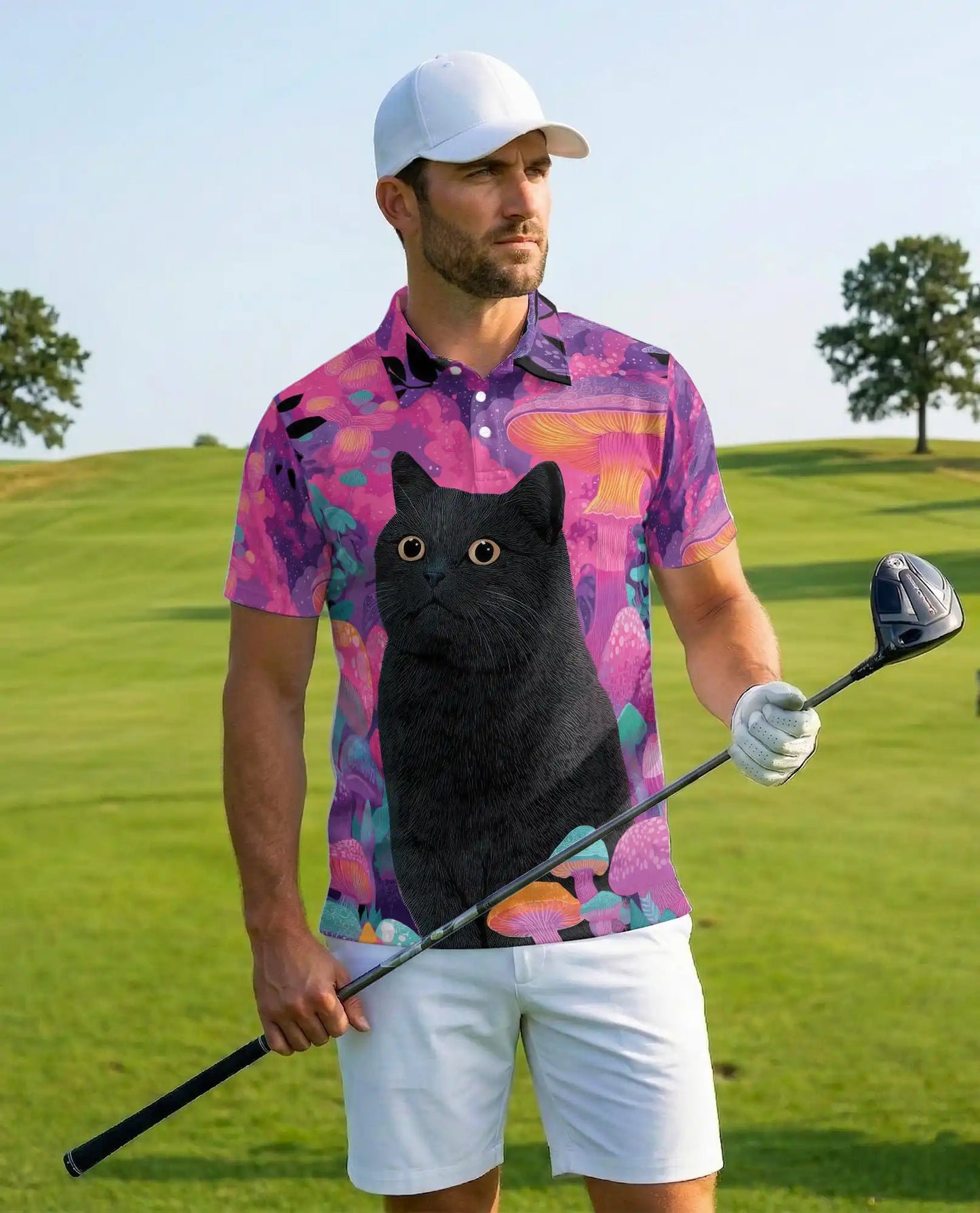 Black Cat Fantasy Mushroom Polo Shirt for Men- Print Magical Forest | Azhawaiian