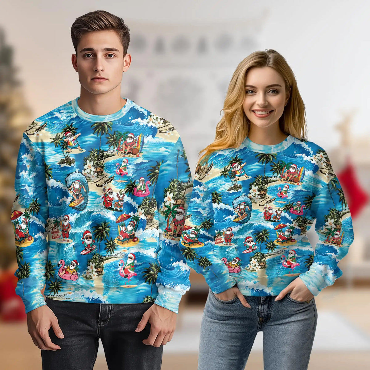 Funny Santa Surfing Dolphin Sweatshirt – Tropical Christmas 3D All Over Print Design