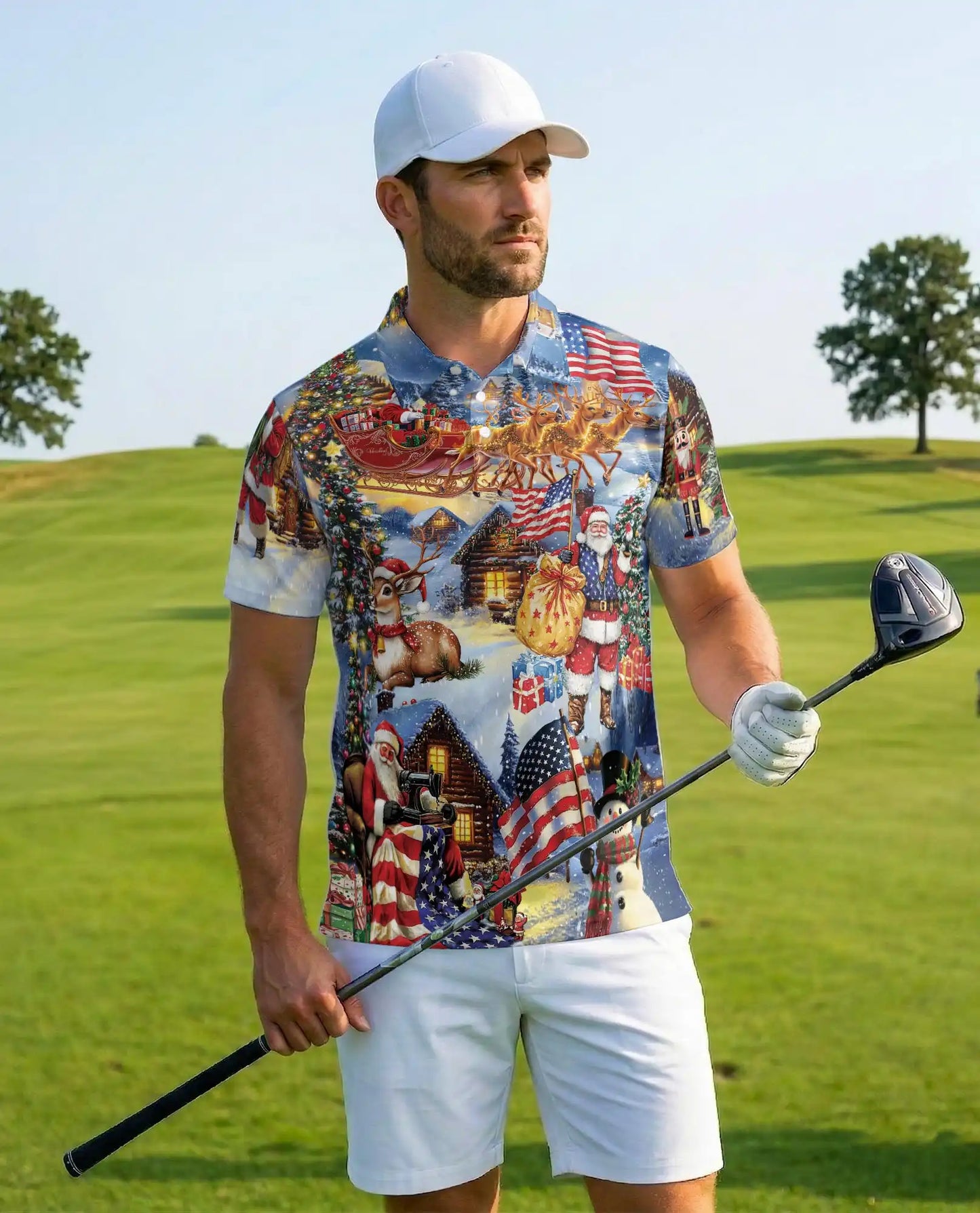 Patriotic Christmas Santa 3D Polo Shirt for Men, USA Holiday Winter Style | Azhawaiian