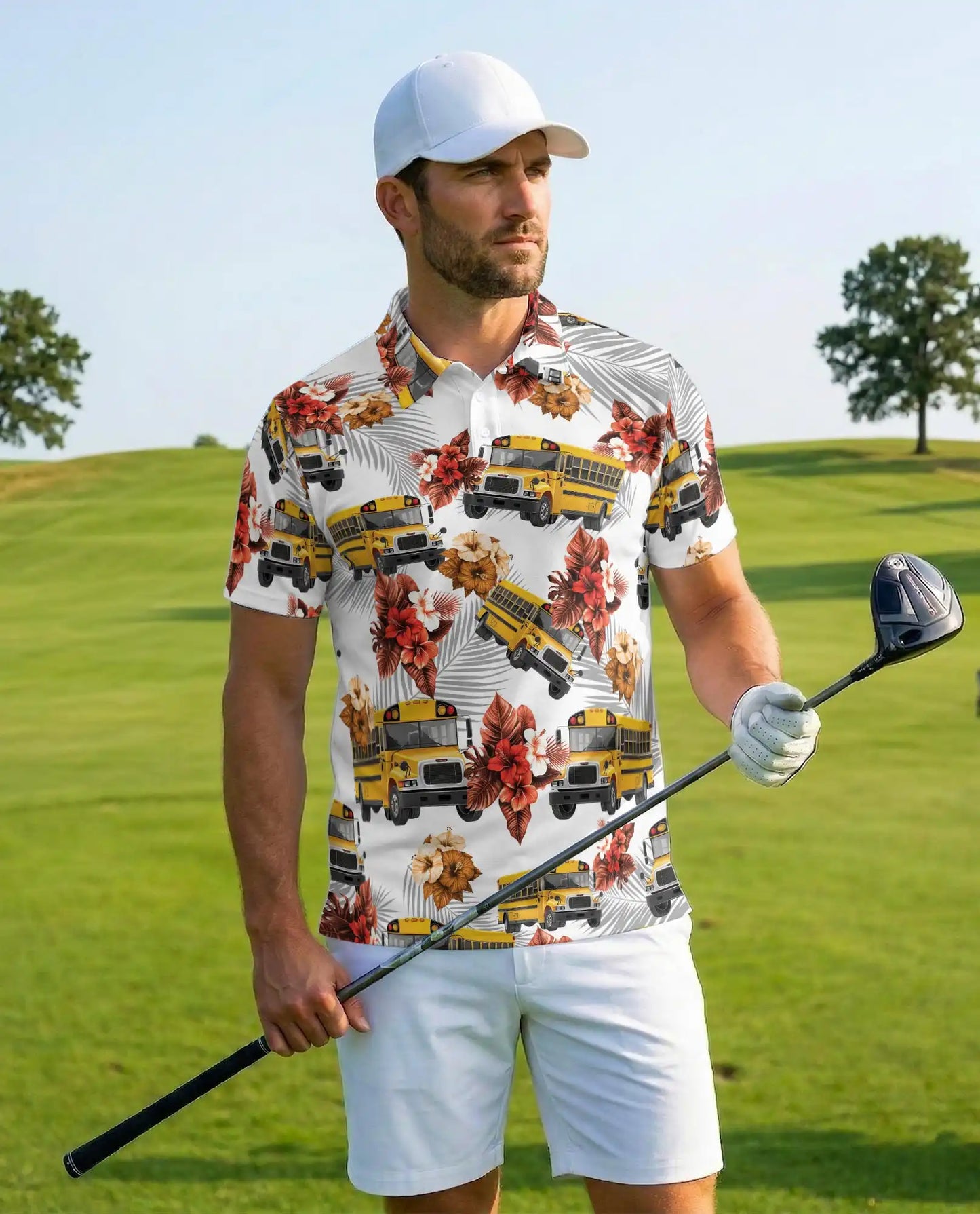 Yellow School Bus 3D Polo Shirt for Men, Summer Hawaiian | Azhawaiian
