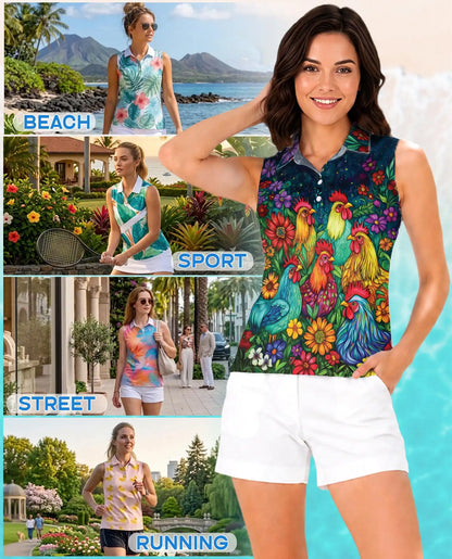 Colorful Chicken Farm Summer Sleeveless Polo Shirt for Women  | Azhawaiian