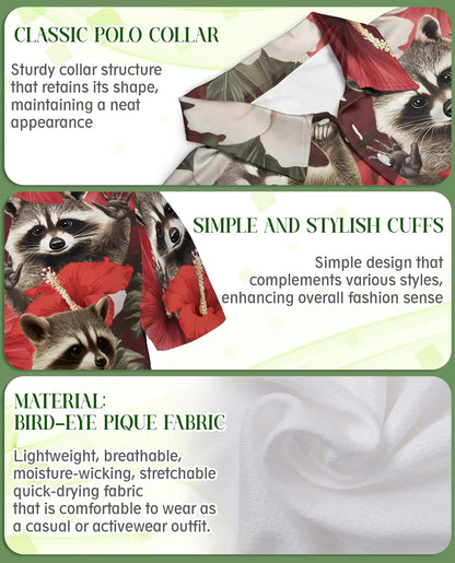 Raccoon Floral 3D Polo Shirt for Men, Funny Animal Hibiscus Style | Azhawaiian