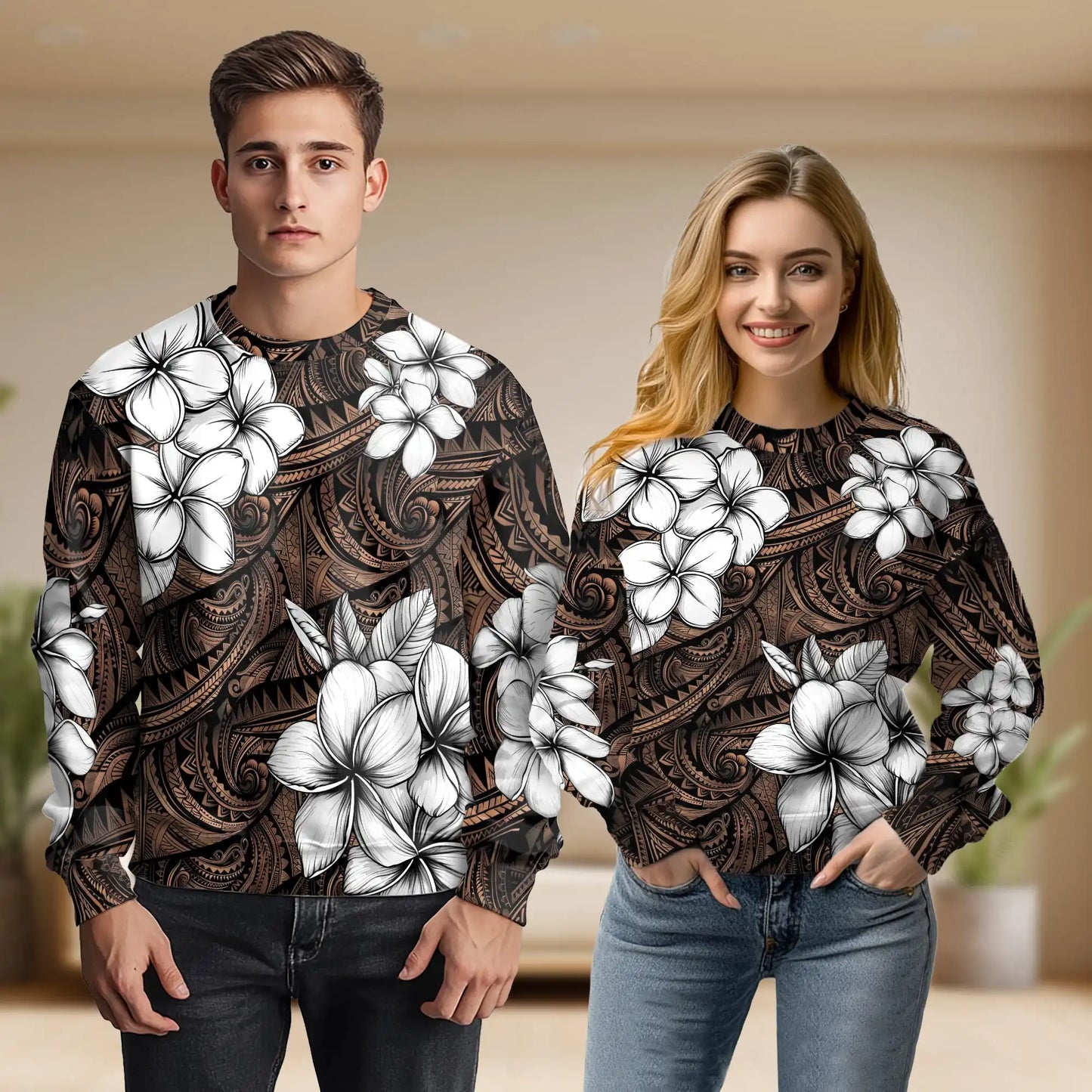 Hibiscus Tribal Floral Brown Sweatshirt – Tropical 3D All Over Print Design