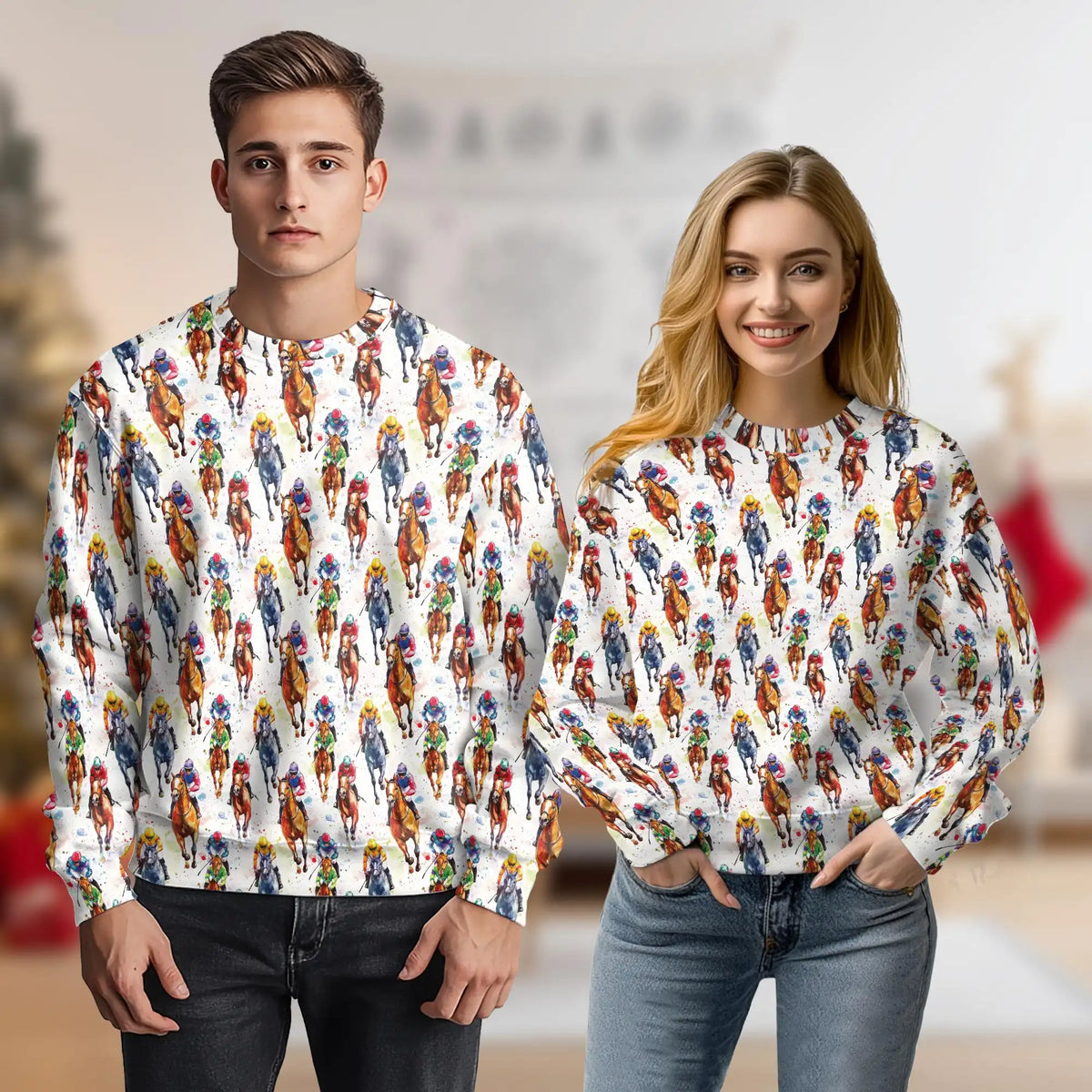 Watercolor Horse Racing Pattern Sweatshirt – Colorful Graphic 3D All Over Print Design