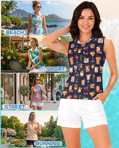Summer Cocktails Sleeveless Polo Shirt for Women | Azhawaiian