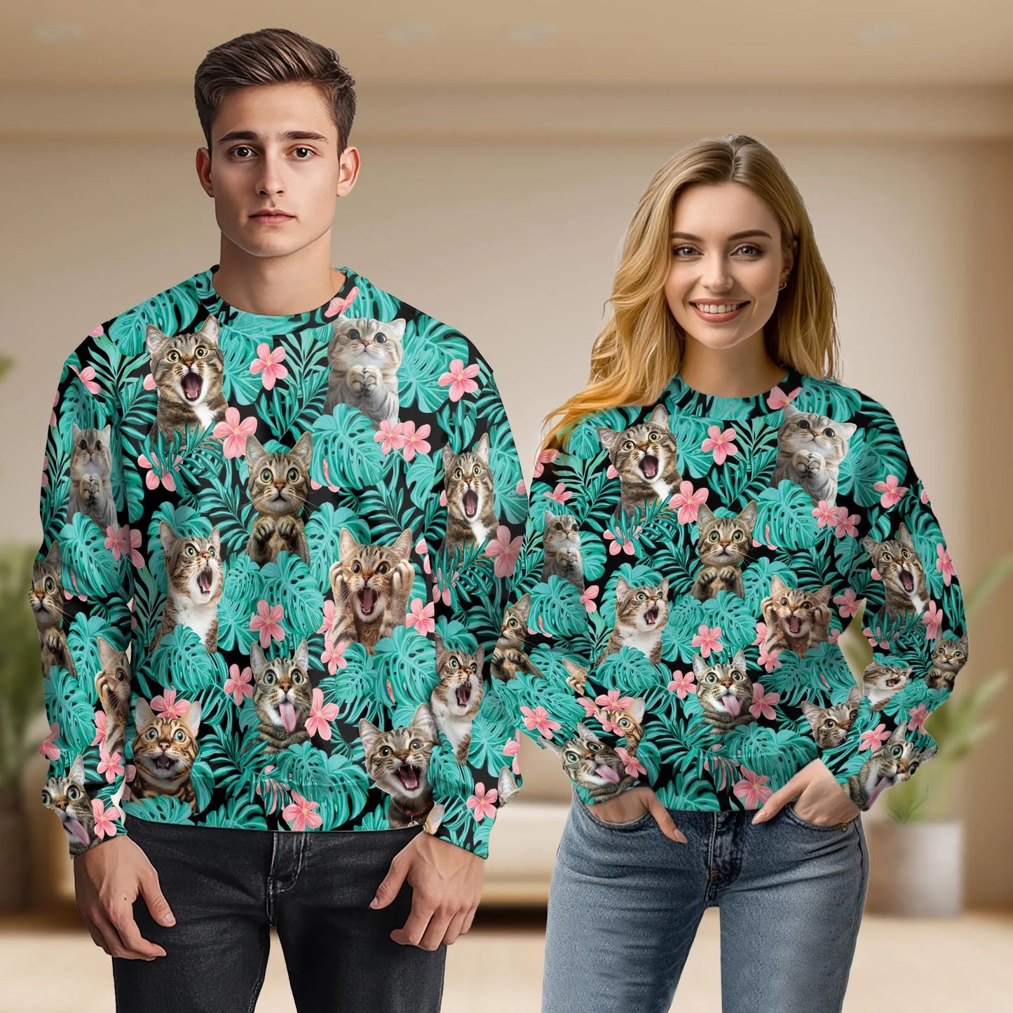 Tropical Cat and Flower Sweatshirt – Tropical 3D All Over Print Design