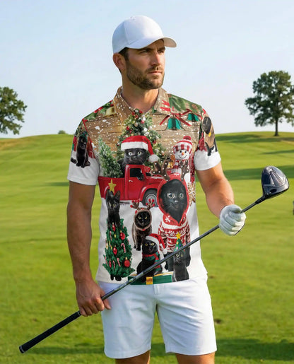 Black Cat Christmas Polo Shirt - Cozy Holiday Winter Style | Azhawaiian