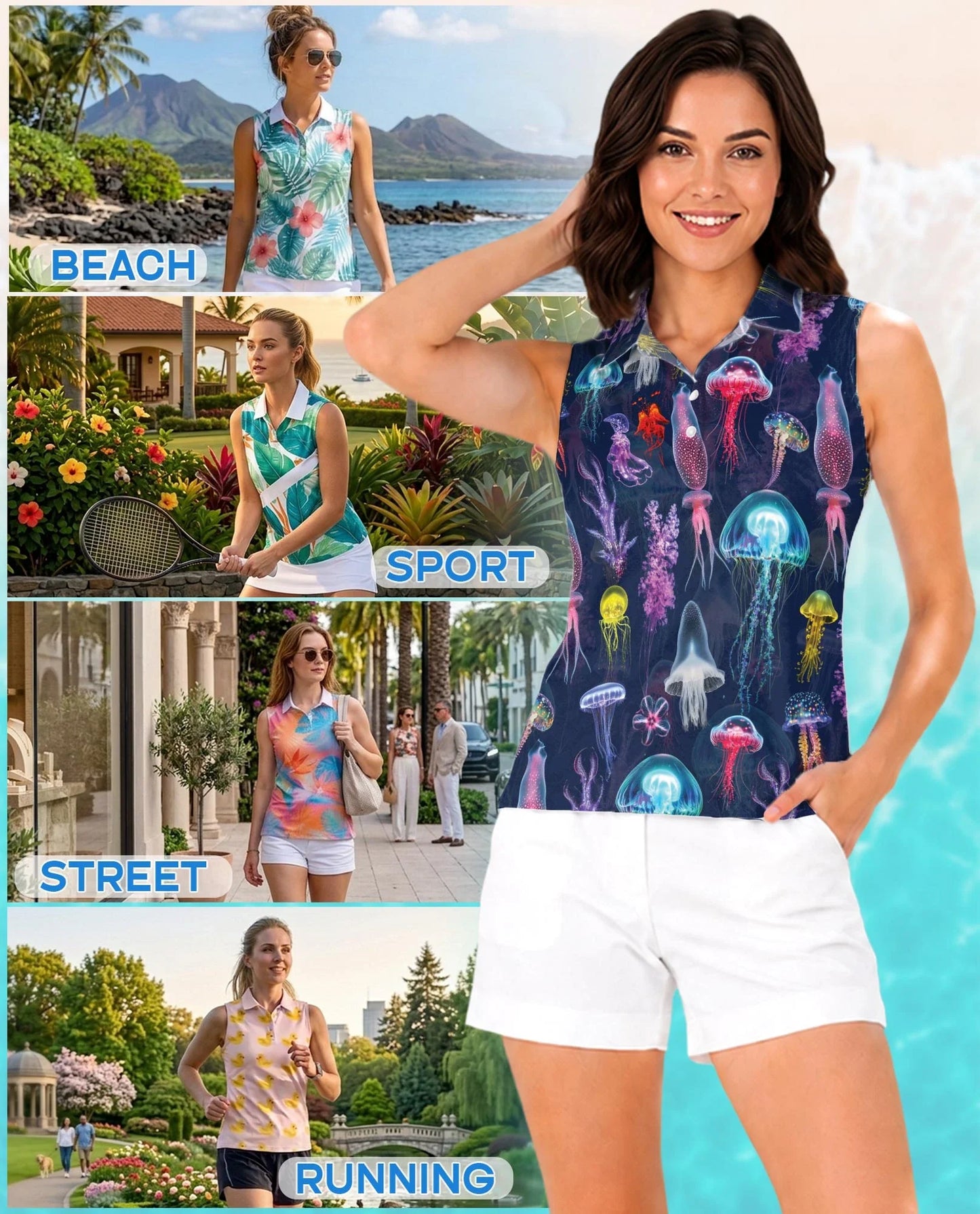 Luminescent Jellyfish Sleeveless Polo Shirt for Women, Ocean Glow Style | Azhawaiian
