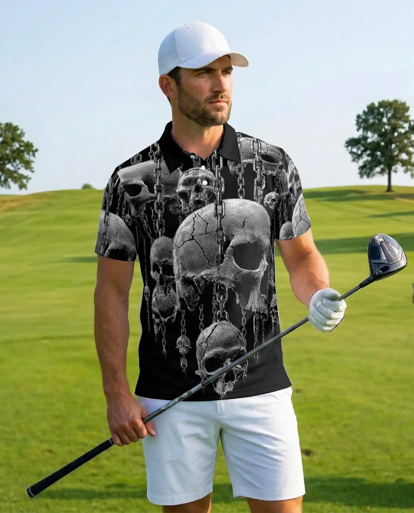 Skull Chain Gothic Polo Shirt - Dark Horror Metal Style | Azhawaiian