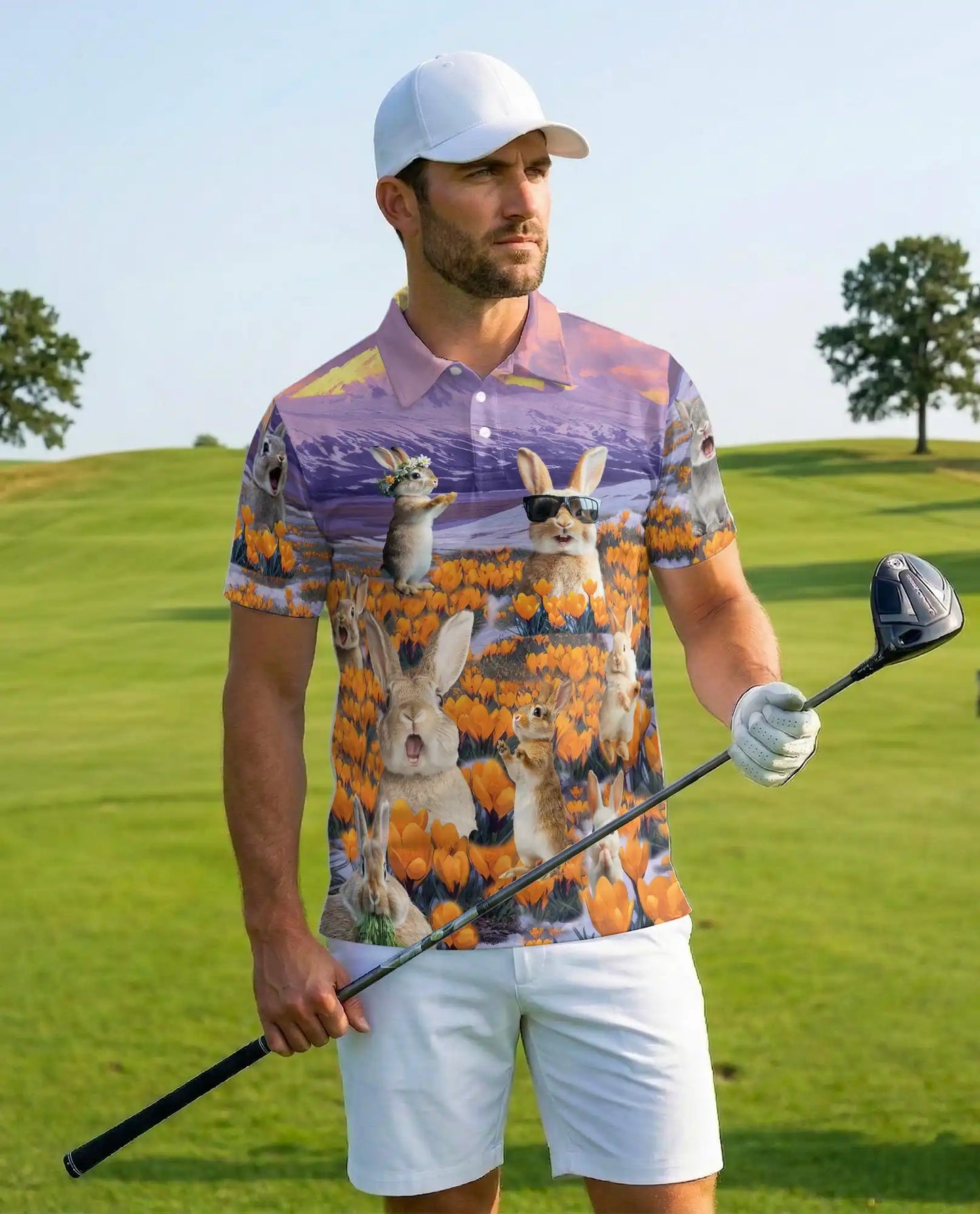 Rabbit Flower Field Polo Shirt, Cute Spring Style | Azhawaiian