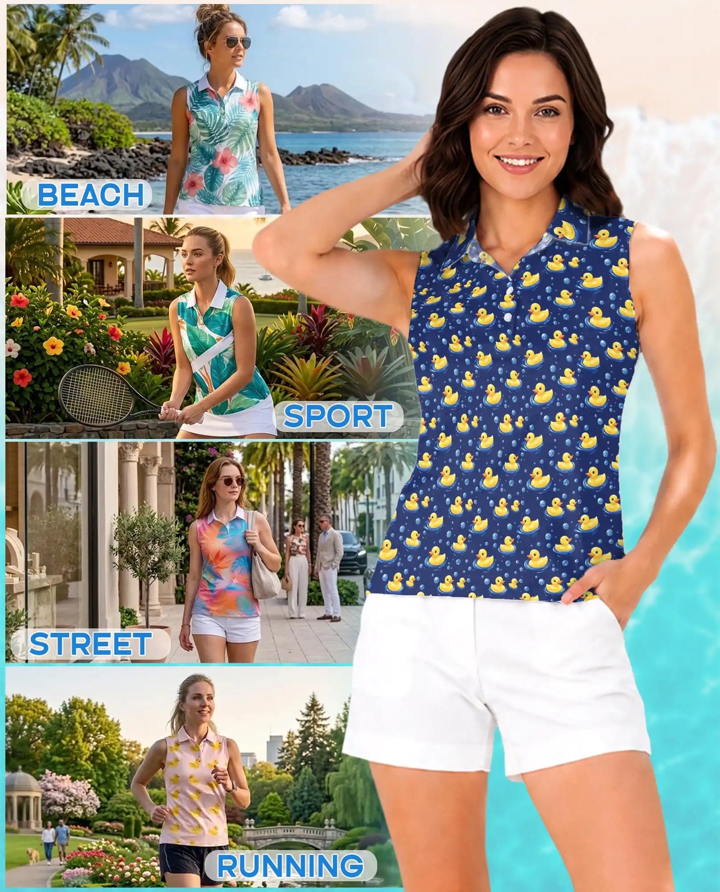 Cartoon Duck Pattern Sleeveless Polo Shirt for Women, Cute Animal Style | Azhawaiian