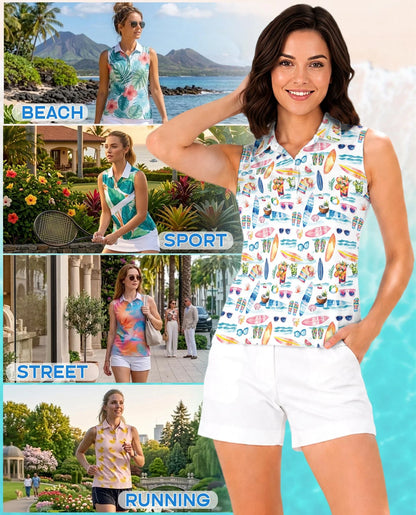 Colorful Tropical Surf Beach Sleeveless Polo Shirt for Women | Azhawaiian