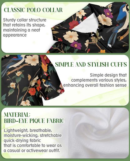 Bird Floral Polo Shirt, Vintage Nature Style | Azhawaiian