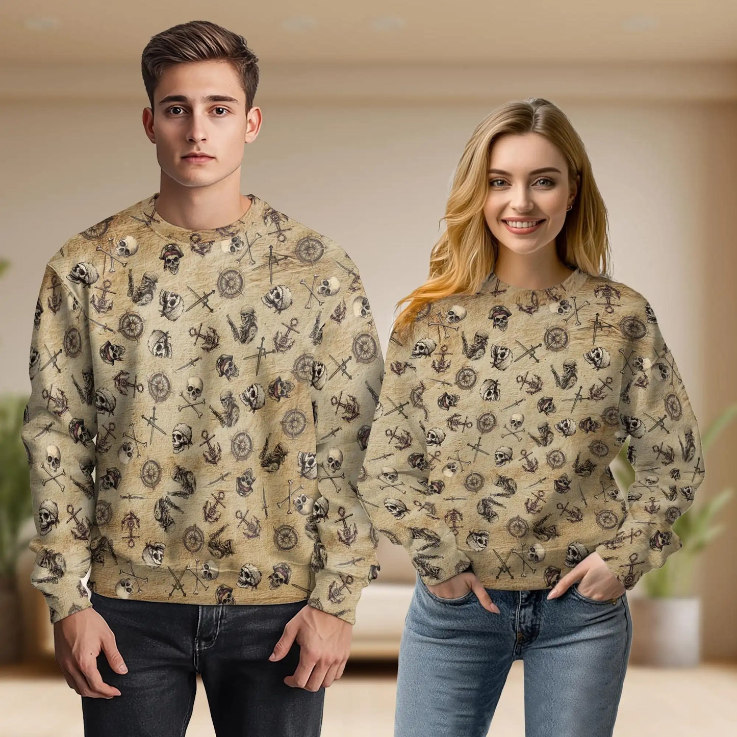 Pirate Skull Print Polyester Sweatshirt – Colorful Graphic 3D All Over Print Design