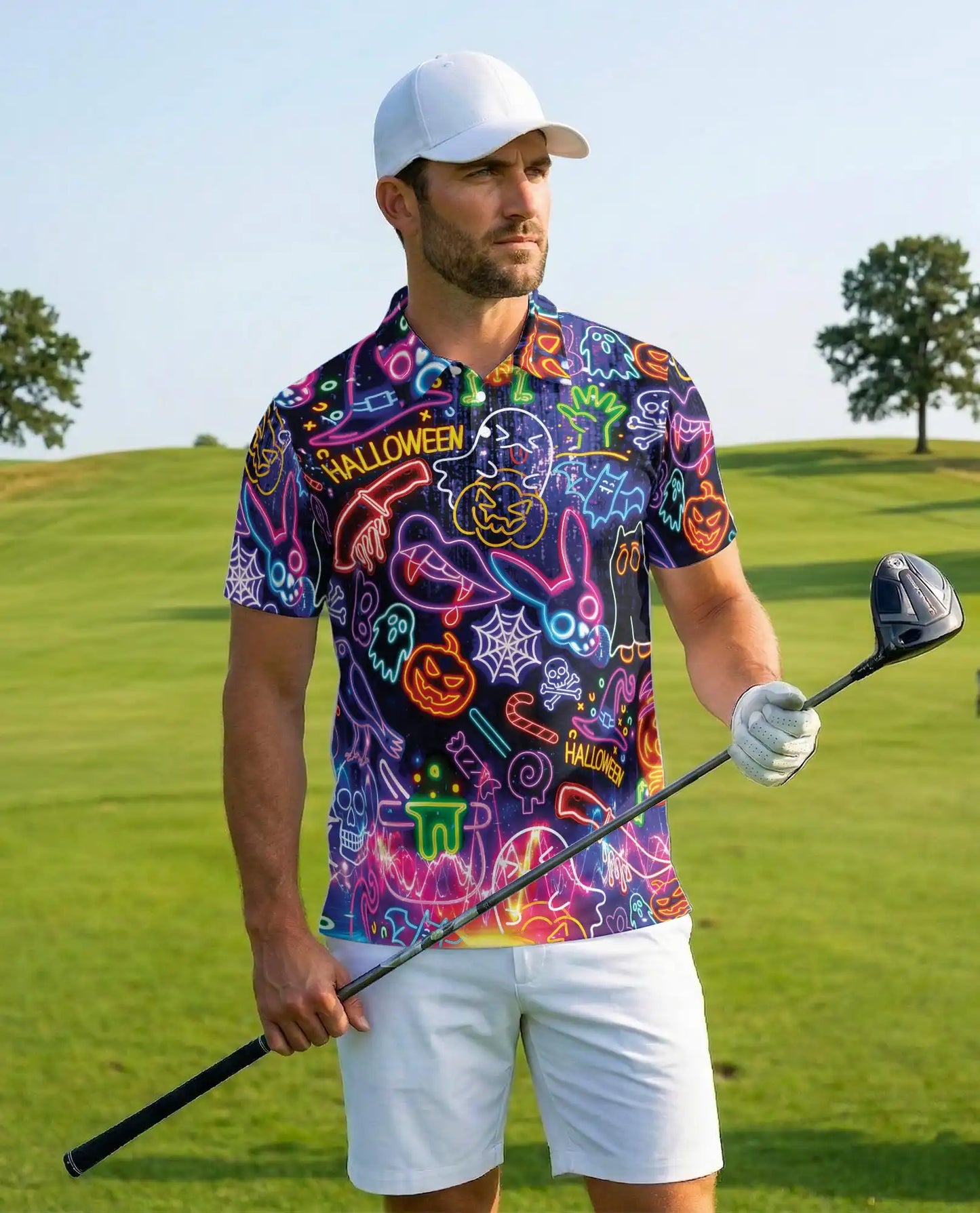 Halloween Neon Polo Shirt for Men, Glow in the Dark Party Style | Azhawaiian