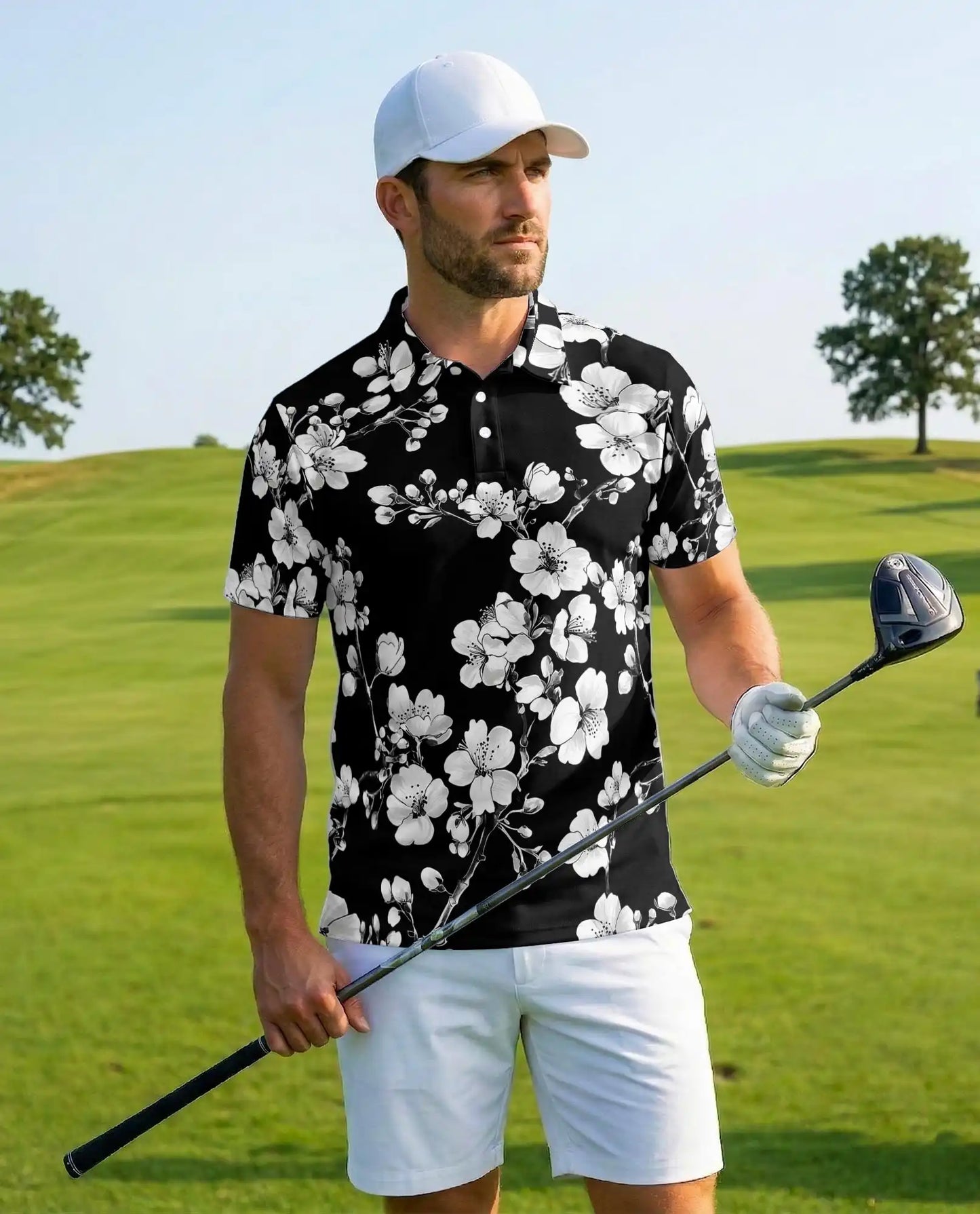 Monochrome Cherry Blossom Polo Shirt - Elegant Floral Style | Azhawaiian
