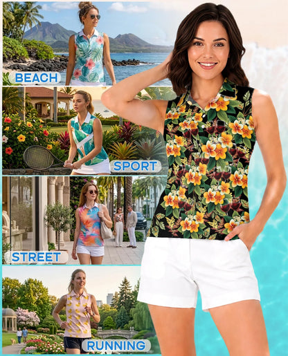 Wine Plumeria Floral Sleeveless Polo Shirt for Women, Tropical Elegant Style | Azhawaiian