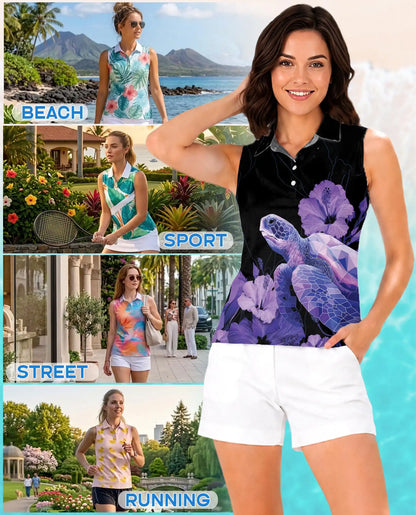 Purple Geometric Sea Turtle Sleeveless Polo Shirt for Women | Azhawaiian