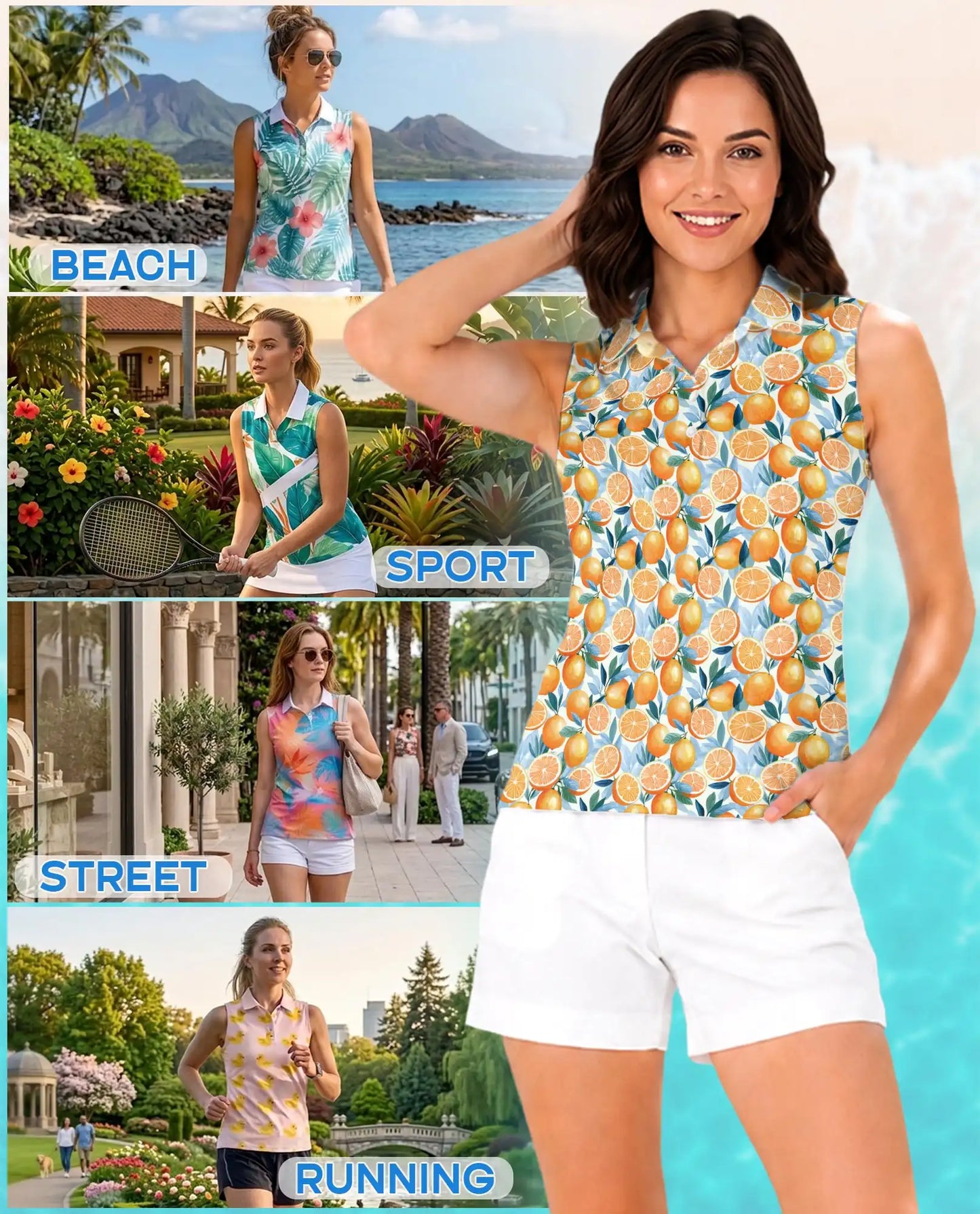 Orange Pattern Sleeveless Polo Shirt for Women