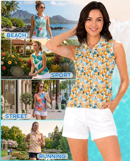 Orange Pattern Sleeveless Polo Shirt for Women
