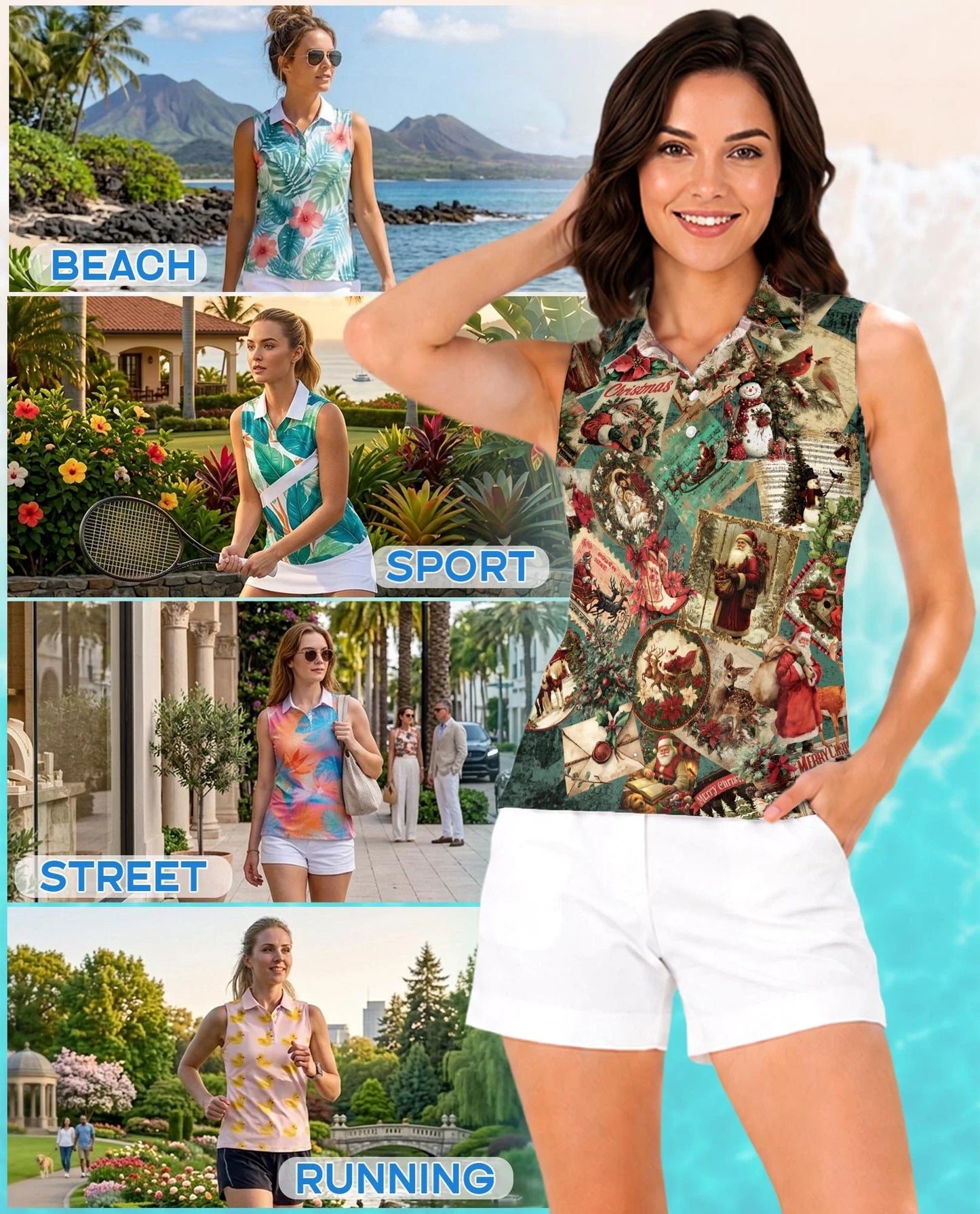 Vintage Christmas Collage Sleeveless Polo Shirt for Women | Azhawaiian