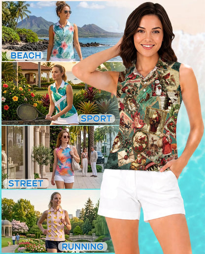 Vintage Christmas Collage Sleeveless Polo Shirt for Women | Azhawaiian