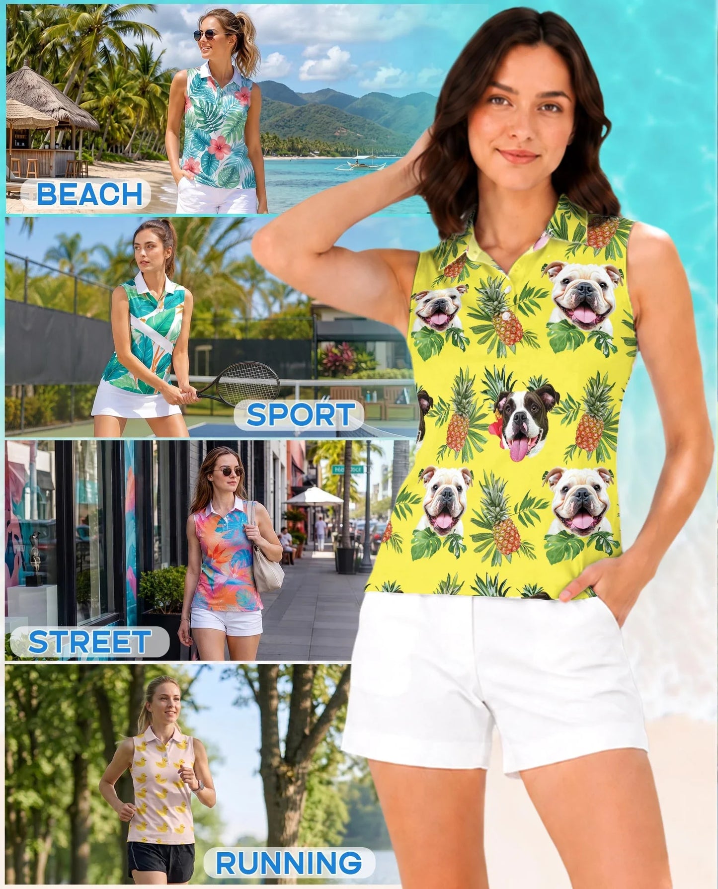 English Bulldog Tropical Sleeveless Polo Shirt for Women | Azhawaiian
